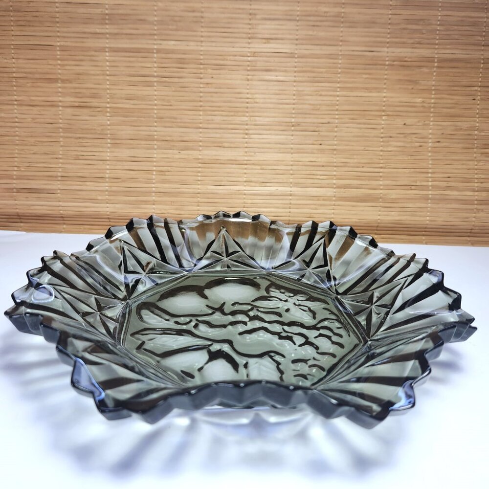 Vintage Federal Pioneer Smoke Grey Ruffled Glass Bowl 11" Fruit Pattern Dish